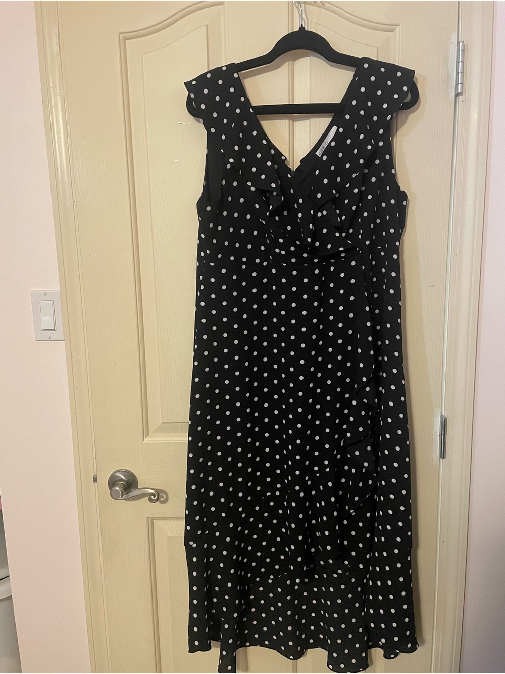 cleo Black and White Polka Dot Ruffle Midi Dress